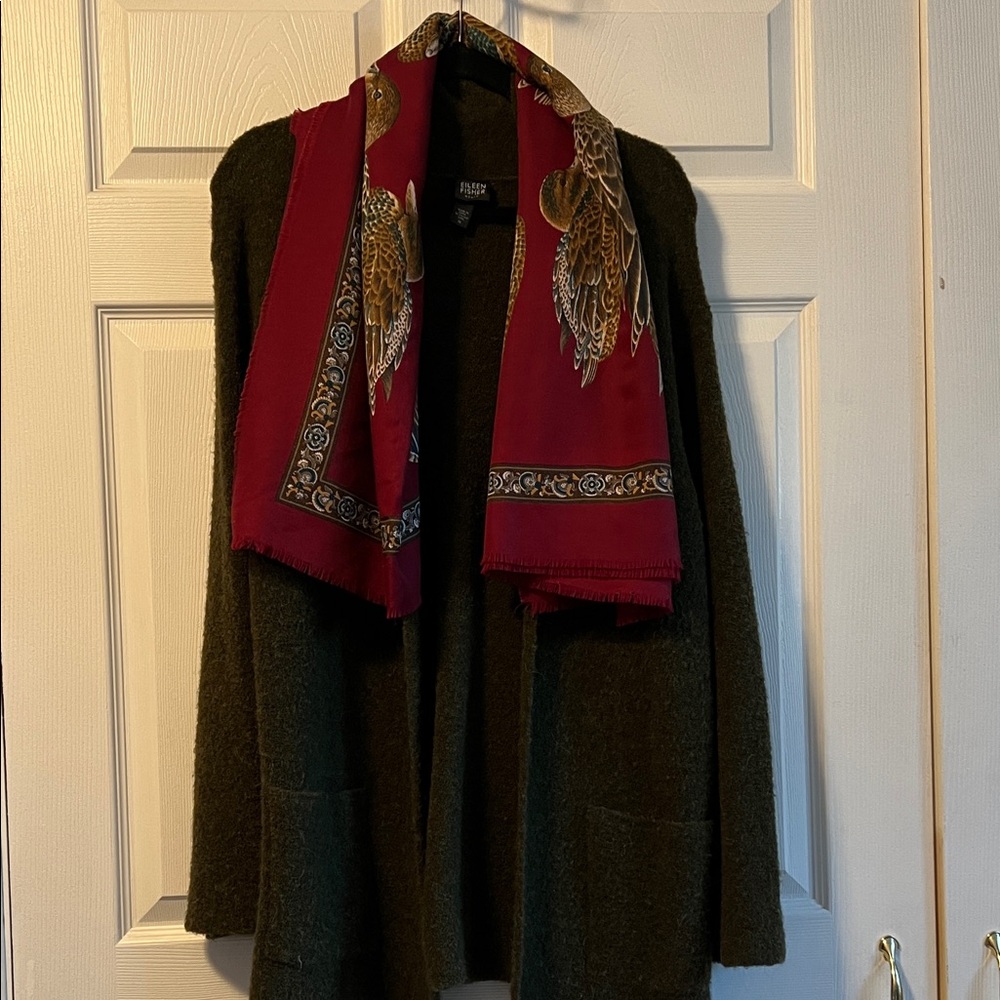 Eileen Fisher Olive Green Italian merino warm wool jacket cardigan with pockets